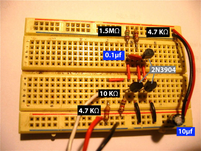 Assembled breadboard circuit with labels